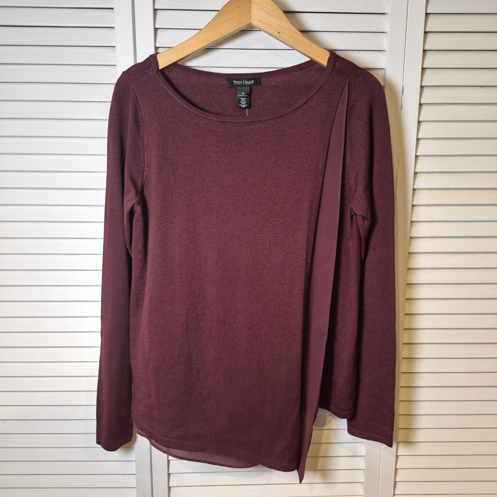 White House Black Market M Burgundy Knit Top Long Sleeve Chiffon Detail NWT